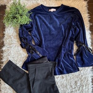 EUC Philosophy Navy Blue Velvet Long Sleeve Satin Bow Shirt S